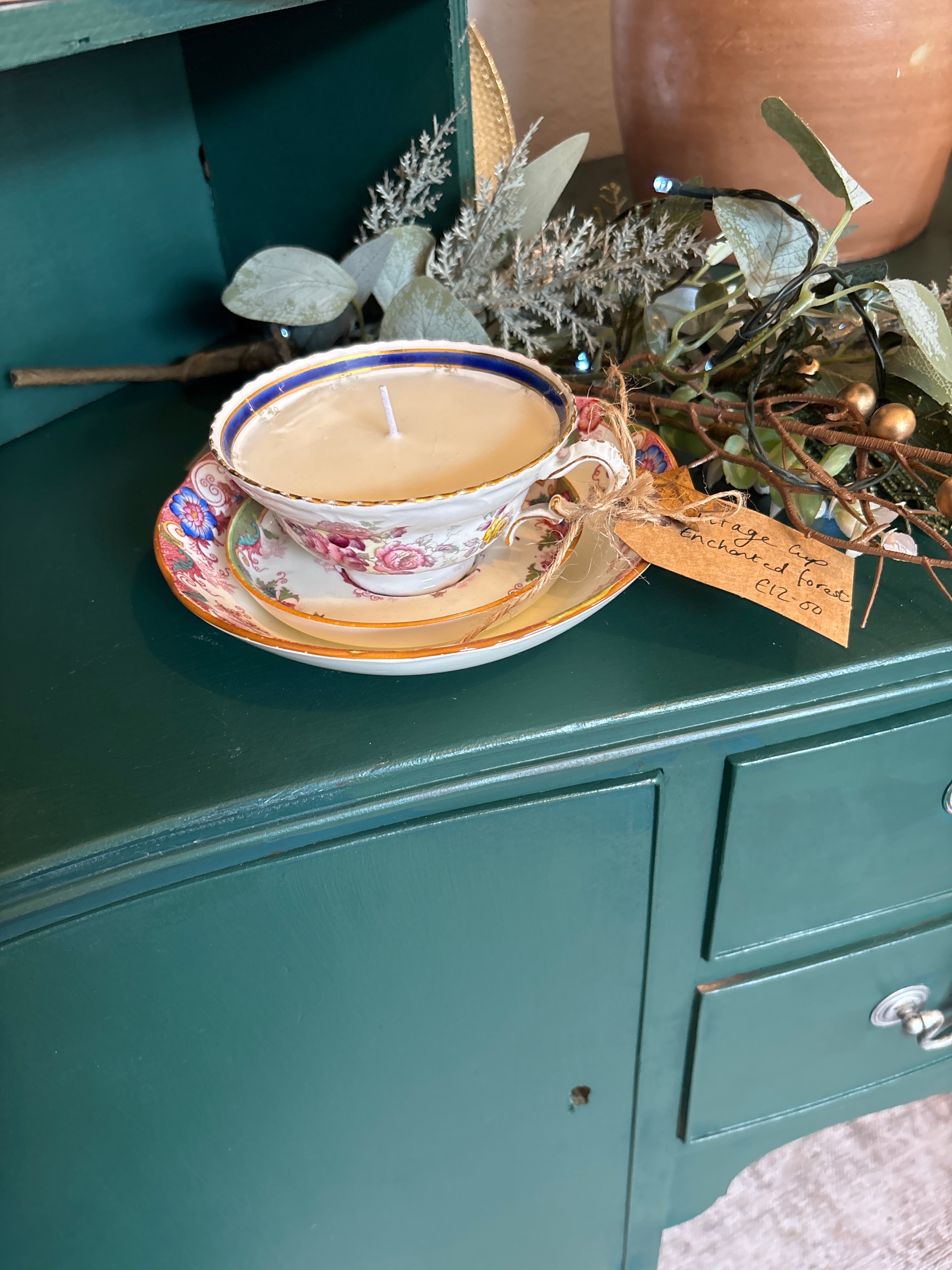 Gorgeous Vintage tea cup candle trio “Enchanted Forest”