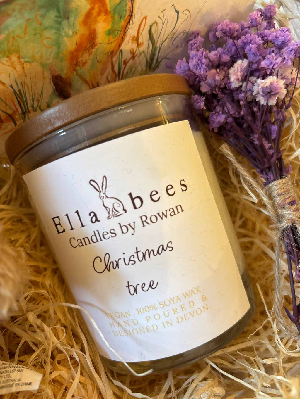 Hamper with recycled Spencer teddy,Christmas tree candle and small hare print