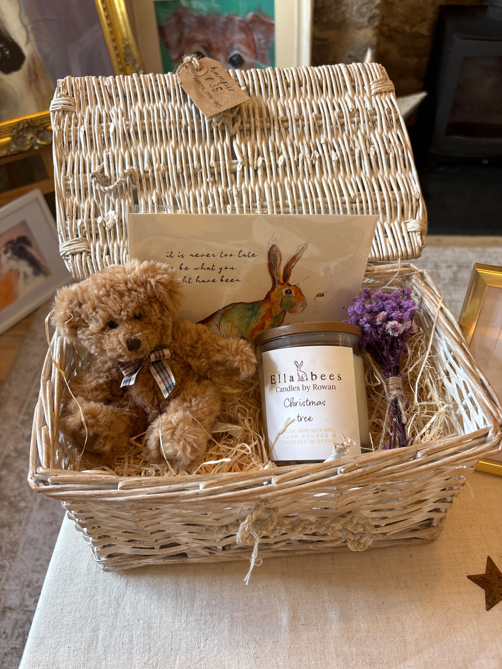 Hamper with recycled Spencer teddy,Christmas tree candle and small hare print
