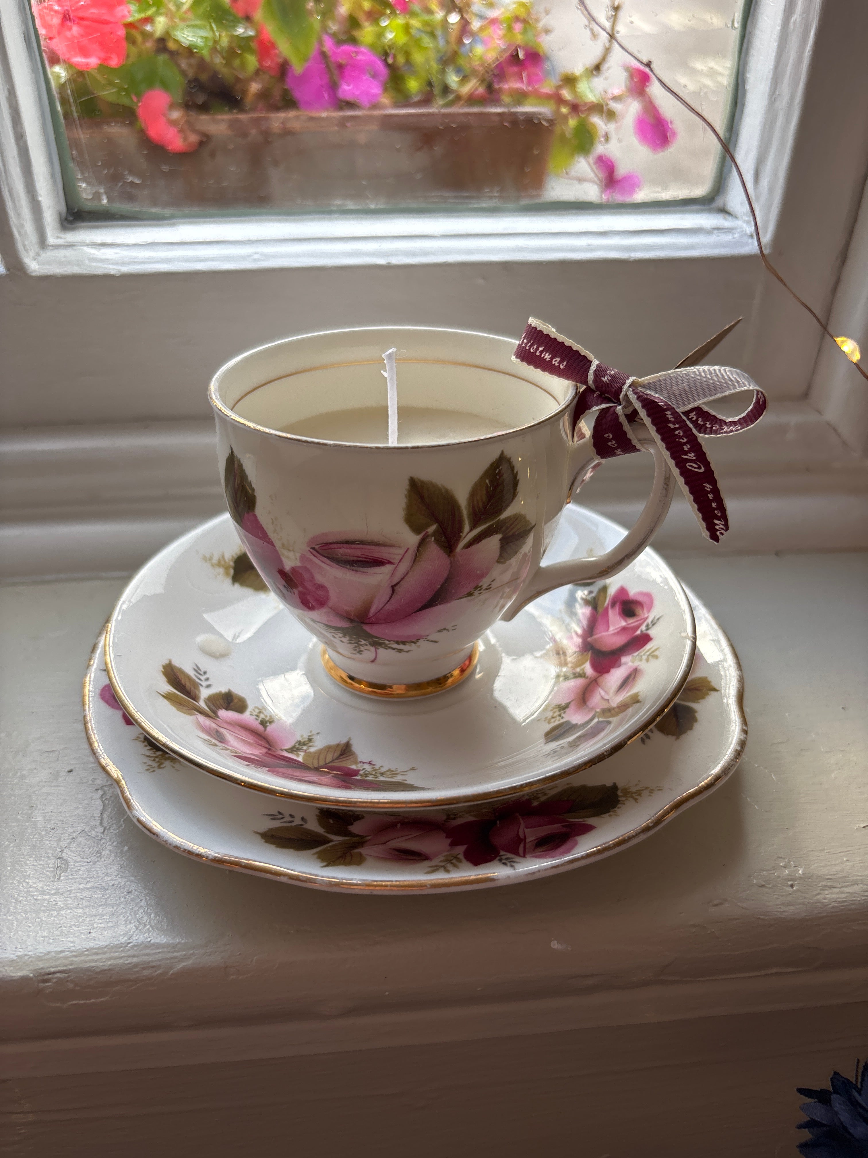 Really pretty bone china cup candle “Enchanted Forest” trio (cup, saucer and tea plate).