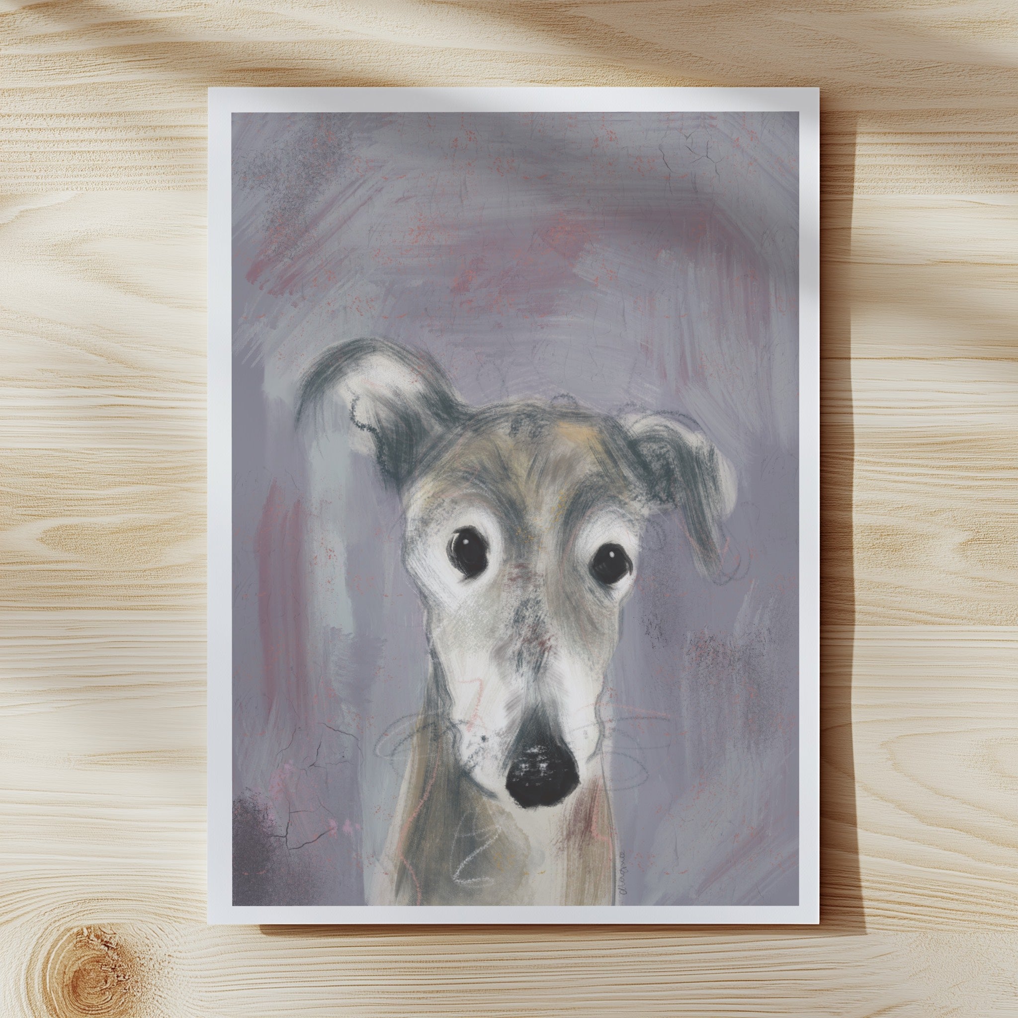 Grey hound on purple print